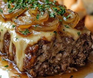 Crockpot French Onion Meatloaf with Melted Swiss Cheese