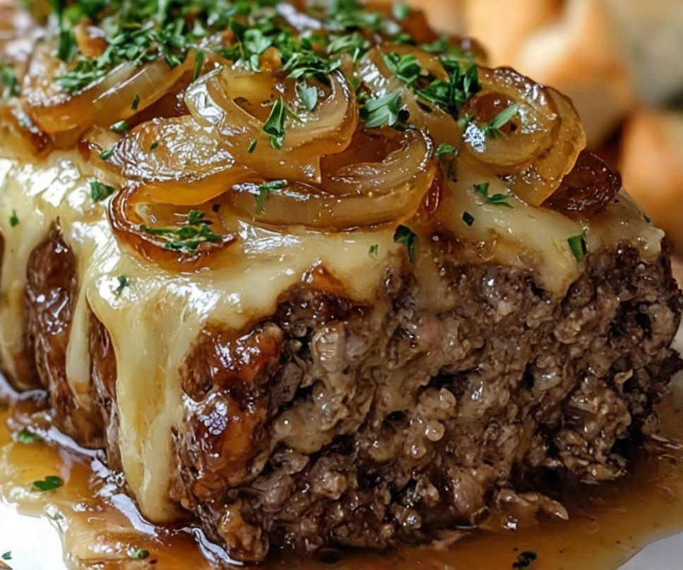 Crockpot French Onion Meatloaf with Melted Swiss Cheese
