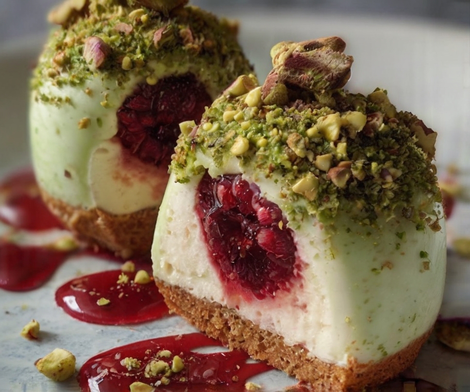 Pistachio Cheesecake Domes with Raspberry Surprise Recipe