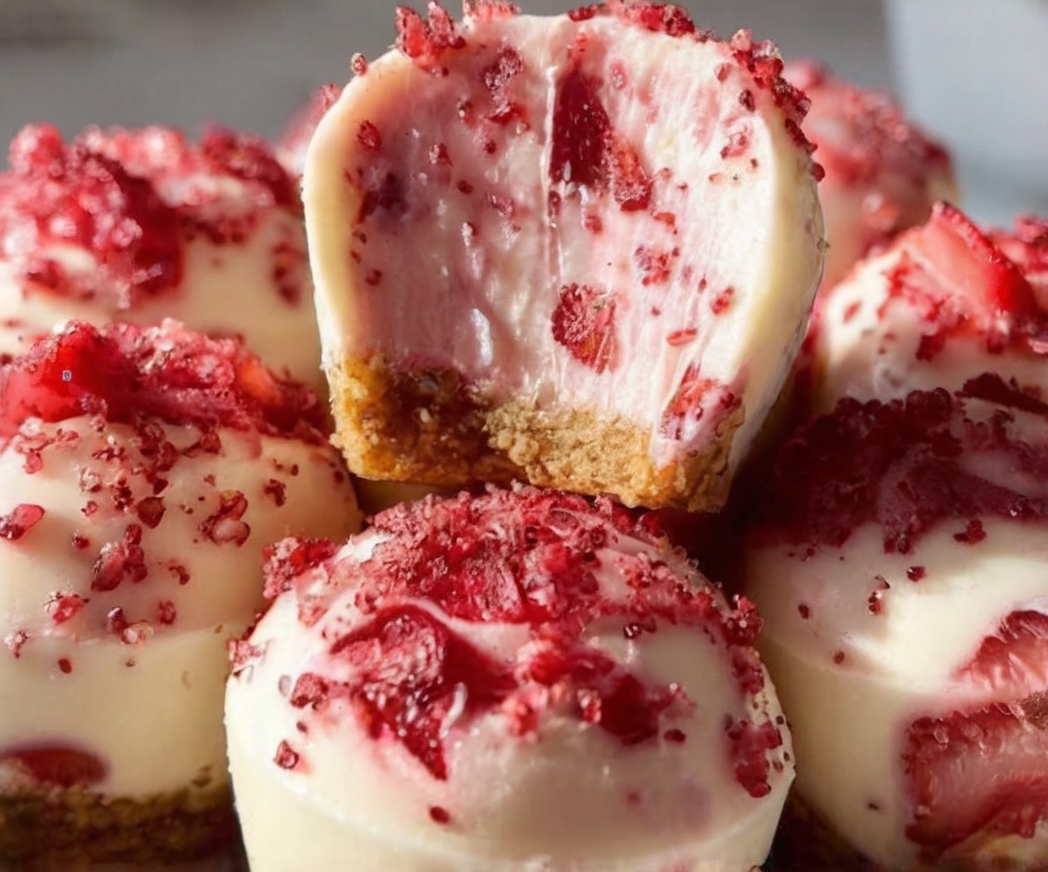 Smooth Strawberry Cheesecake Bites are the perfect no-bake dessert when you crave something creamy, fruity, and irresistibly indulgent. These mini cheesecake treats combine a buttery graham cracker base with a light, fluffy strawberry cheesecake filling that melts in your mouth. Simple to prepare and elegant to serve, they are ideal for gatherings, celebrations, or a sweet personal treat. Why You Will Love This Recipe These cheesecake bites are effortless yet impressive. With no oven required, they save time while delivering bakery-style results. The balance between the crunchy crust and the silky strawberry filling creates a delightful contrast in every bite. They are portion-controlled, easy to store, and perfect for entertaining. Kitchen Tools You Will Need • Mixing bowls (medium and large) • Electric hand mixer or stand mixer • Spatula • Mini muffin liners or silicone molds • Measuring cups and spoons • Refrigerator Ingredients • 1 cup graham cracker crumbs • 3 tablespoons unsalted butter, melted • 8 ounces cream cheese, softened • 1/4 cup granulated sugar • 1 teaspoon vanilla extract • 1/2 cup heavy cream (cold) • 1 cup fresh strawberries, finely chopped • 2 tablespoons powdered sugar Step-by-Step Instructions 1. In a medium bowl, combine graham cracker crumbs and melted butter. Mix until evenly coated. 2. Press the crumb mixture firmly into mini muffin liners or silicone molds to form the crust. Refrigerate to set. 3. In a large bowl, beat the cream cheese until smooth and creamy. Add granulated sugar and vanilla extract. Mix well. 4. In a separate bowl, whip the cold heavy cream until stiff peaks form. 5. Gently fold the whipped cream into the cream cheese mixture until light and fluffy. 6. Fold in the finely chopped strawberries and powdered sugar carefully. 7. Spoon the cheesecake filling over the chilled crusts and smooth the tops. 8. Refrigerate for at least 4 hours or until fully firm. 9. Garnish with fresh strawberry slices or a light dusting of powdered sugar before serving. Tips for Perfect Cheesecake Bites • Always use cold heavy cream to achieve better volume when whipping. • Finely chop strawberries to prevent excess moisture in the filling. • Allow full chilling time to ensure clean, firm bites. • For extra flavor, add a small squeeze of fresh lemon juice to brighten the taste. Flavor Variations and Additions Add melted white chocolate to the filling for extra richness. Swap strawberries with raspberries or blueberries for a different fruity twist. For a chocolate version, mix mini chocolate chips into the batter or drizzle dark chocolate on top. Storage Instructions Store Smooth Strawberry Cheesecake Bites in an airtight container in the refrigerator for up to 4 days. They can also be frozen for up to 2 months. Thaw overnight in the refrigerator before serving. Reheating is not recommended as this is a chilled dessert. Nutritional Information (Approximate per bite) • Calories: 180 kcal • Fat: 12g • Carbohydrates: 15g • Protein: 3g • Sugar: 10g Preparation Time Prep Time: 20 minutes Chilling Time: 4 hours Total Time: 4 hours 20 minutes Servings: 12 bites Frequently Asked Questions Can I make these cheesecake bites ahead of time? Yes, they can be prepared a day in advance and kept refrigerated until serving. Can I use frozen strawberries? Fresh strawberries are recommended for best texture, but if using frozen, thaw and drain thoroughly. How do I prevent a runny filling? Ensure the whipped cream reaches stiff peaks and allow adequate chilling time. Final Tip Patience during chilling is the secret to achieving that smooth, creamy texture. Let them rest properly, and you will be rewarded with perfectly set, luxurious cheesecake bites every single time.