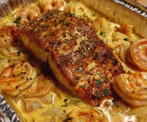 Creamy Garlic Butter Shrimp & Seared Salmon