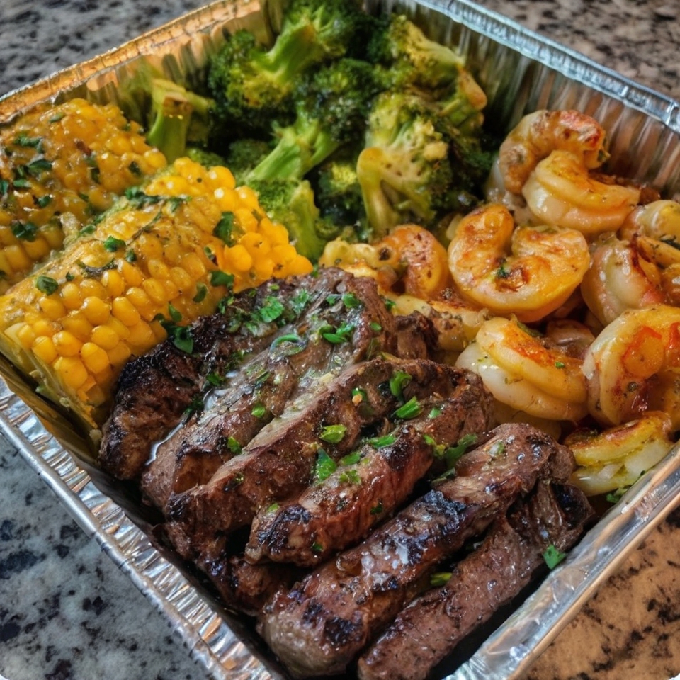 Steak, Shrimp, Corn & Broccoli Tray Meal